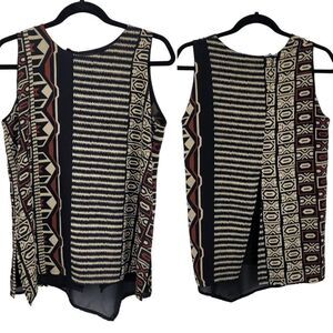 Vintage 80s Sleeveless Tunic Blouse L Black Artsy‎ Lagenlook Aztec Tribal Italy